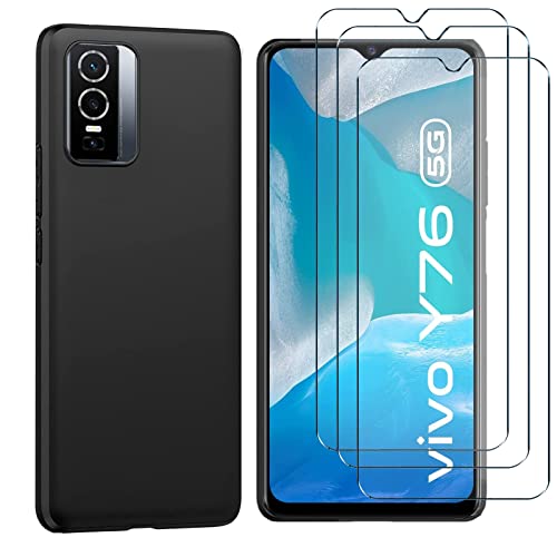 NUCNOK Coque pour Vivo Y76 5G [Antichoc & Anti-Rayures]+ [3 Pièces] Verre Trempé Protection écran,Protection Complète Souple Silicone Coque Etui pour Vivo Y76 5G (Noir) Cover