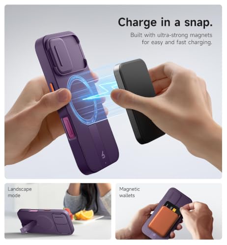 Image of SURITCH for iPhone 16 Case with Magnetic Camera Slide Cover and Adjustable Kickstand, Compatible with MagSafe, Shockproof Bumper Case Slim Protective Cover 6.1 Inch, Dark Purple