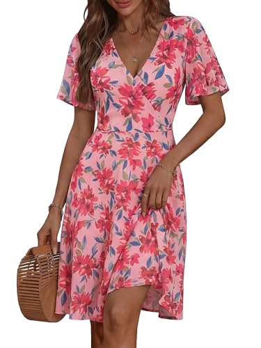 GUBERRY Pink Floral Wedding Guest Dresses Midi Womens Summer Dress Milkmaid Womens Derby Dresses Casual Modest Pink Sundress Vestido