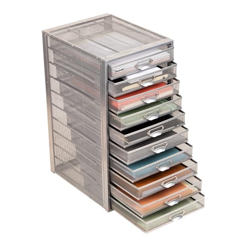 Mind Reader Armoire en maille 10 tiroirs métalliques pour dossiers, utilitaires, rangement de bureau, chariot multifonction robuste, argenté