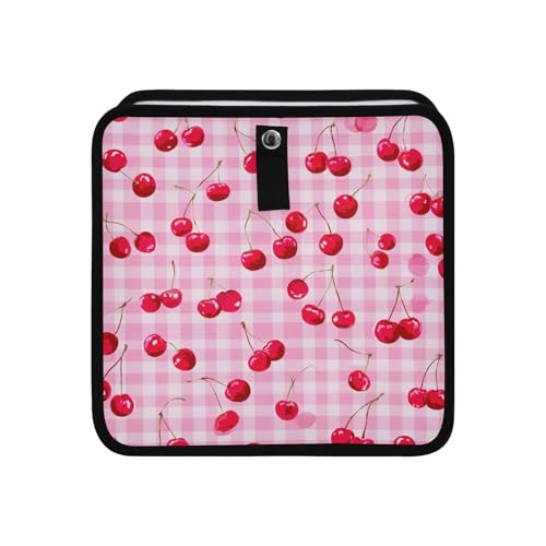 Image of Car Trash Can Organizer Bin with Adjustable Strap for Back Front Seat Console Waterproof Leakproof Collapsible Portable 11 Inch Pink Juicy Checkered Cherry