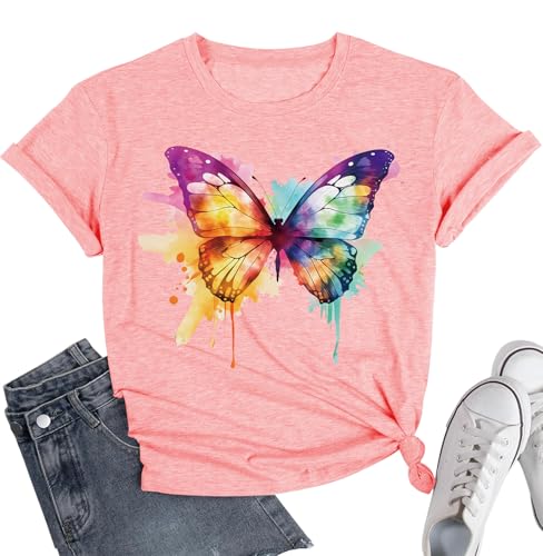 Image of Cat Shirts for Women Butterfly Graphic Tops Dandelion T Shirt Womens Vacation T-Shirt Nature Lover Tee