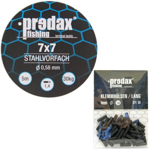 Predax Stahlvorfach 7x7 braun 5m 30kg + 50 Klemmhülsen 1,8mm - Set, Angelset zum Bauen von Stingern & Stahlvorfächern