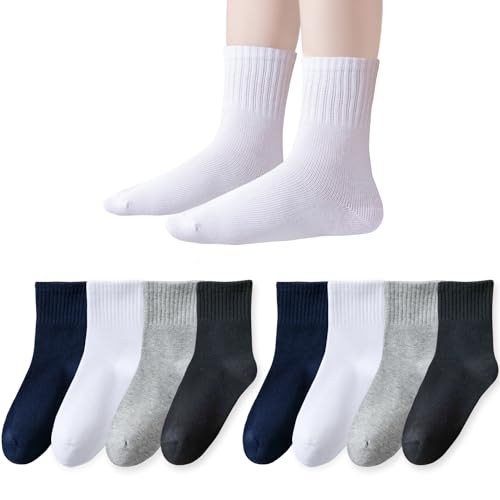 Epeius Unisex Kids Crew Socks Little Boys Dress Socks Soft Cotton Seamless School Socks For Girls 5-8 Years Black White Navy Grey 8 Pairs Size M cover