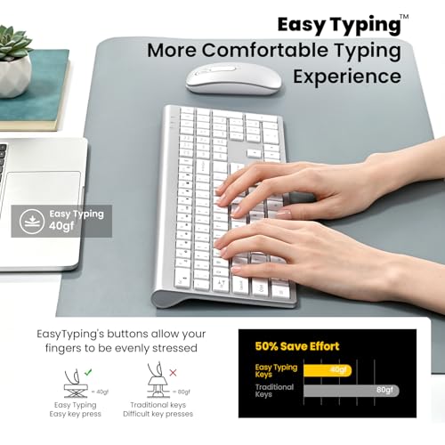 Image of Rechargeable Wireless Keyboard and Mouse Combo, Full Size Silent Ergonomic Scissor Switch Keyboard and Optical Mouse Set, 2.4G Lag-Free Cordless Keyboard Mice for Computer,Mac,Laptop,PC,Windows-Silver