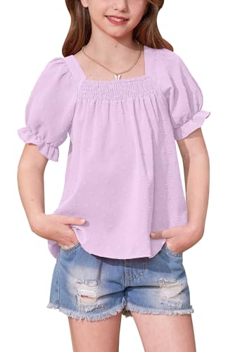 Image of BesserBay Girls Summer Puff Short Sleeve Square Neck Tee Shirts Ruffle Smocked Blouses Cute Swiss Dot Tops 5-14 Years