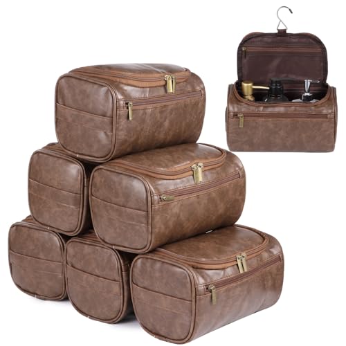 DORMIYA 6 PCS Groomsmen Present Toiletry Bags, Brown PU Leather Waterproof Travel Organizer with Zipper Closure, Portable Hanging Toiletry Bag for Wedding Favors Business Trip Travel