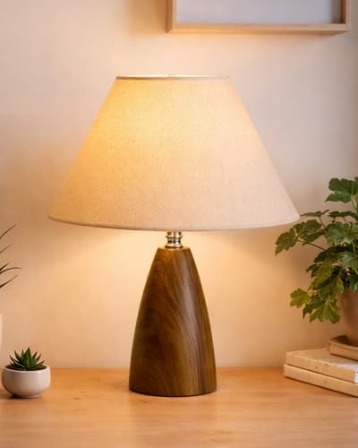 Image of Homesake Wood Grain Pattern Small Table Lamp, Desk Light, Wooden Bedroom Lamps for Nightstand, Scalloped Lamp Shade Table Lamps Small Spaces, Bedroom, Living Room, Taper Cone, (Khadi Cone)
