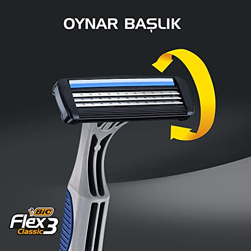 BIC Flex 3 Erkek Tıraş Bıçağı 3'lü Blister (3 Bıçak), Birbirinden Bağımsız Hareket Edebilen 3 Bıçak, Oynar Başlık, Aloe Vera ile Zenginleştirilmiş Kayganlaştırıcı Jel Şerit