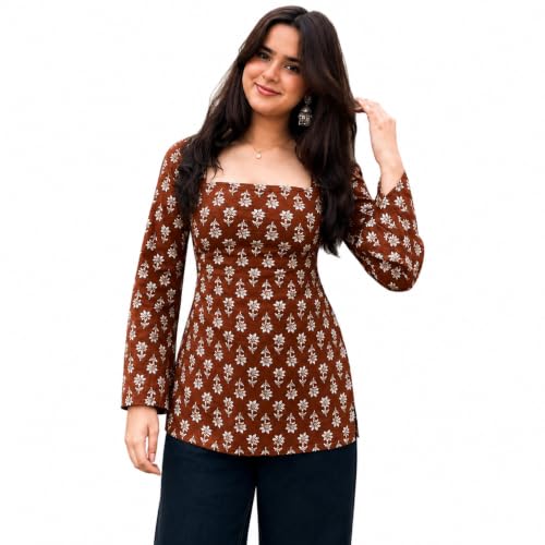 Image of Women's Rayon Printed Short Kurti | Straight Fit Casual Ethnic Top | Square Neck Full Sleeve Ladies Kurti Office College