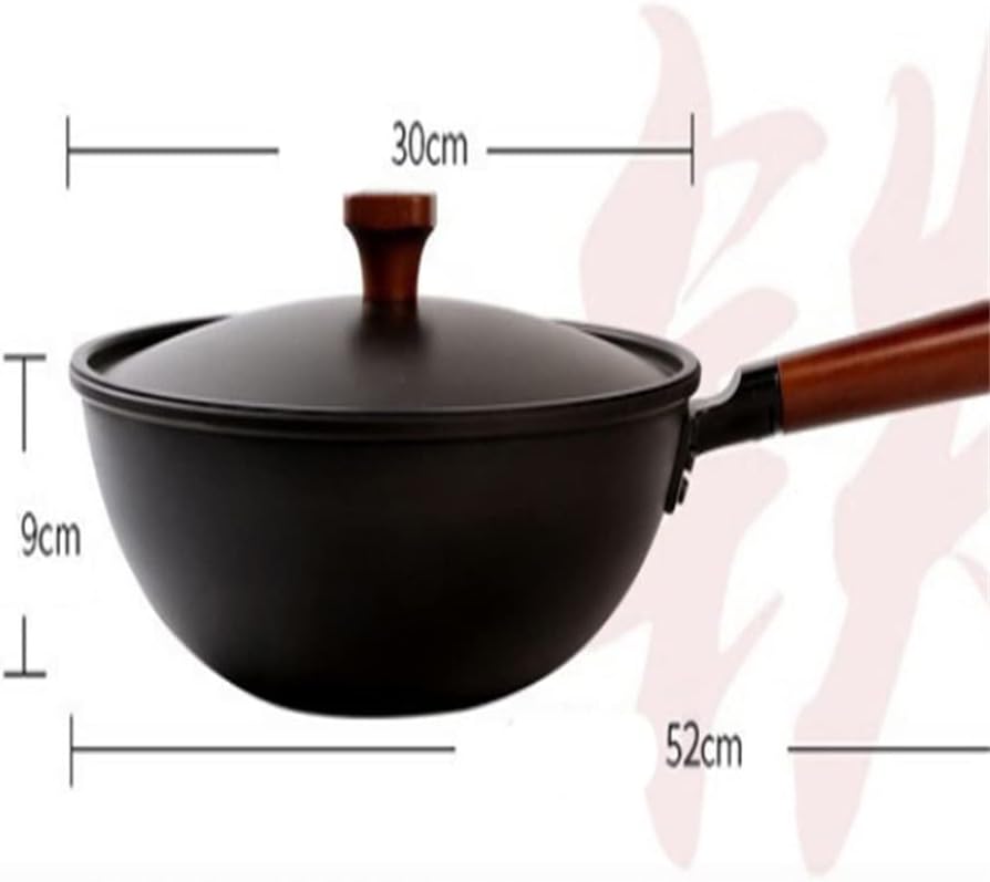 Cast Iron Wok Non-Stick Pans Kitchen Fried Egg Steak Griddle Pan Beech Handle With lid Cookware