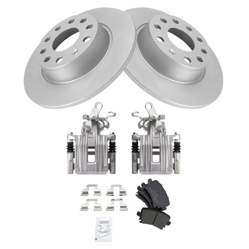 Image of TRQ Rear Brake Pad and Rotor Set Semi Metallic Coated Rotors Calipers Compatible with 2010 Audi A3 A3 Quattro Volkswagen Golf Jetta 2011 GTI