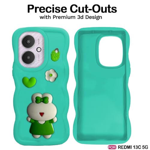 Image of AESTMO Back Case Cover for Redmi 13C 5G / Poco M6 5G | 3D Cute Fun Cartoon Characters | Anti Slip Grip Cute Wave Curly Frame Shape | Back Cover for Redmi 13C 5G / Poco M6 5G | (Mint Green)