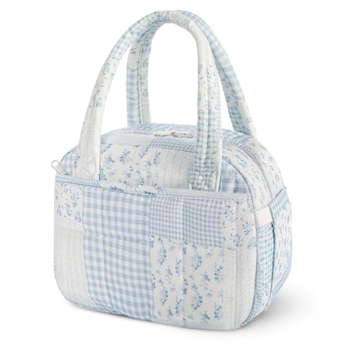 shiprabags Quilted Lunch Box for Women, Lightweight Insulated Lunch Bag, Cute Patchwork Lunch Tote for Work, Gym, Picnic,Travel, Office (Green Blue Pin, M)