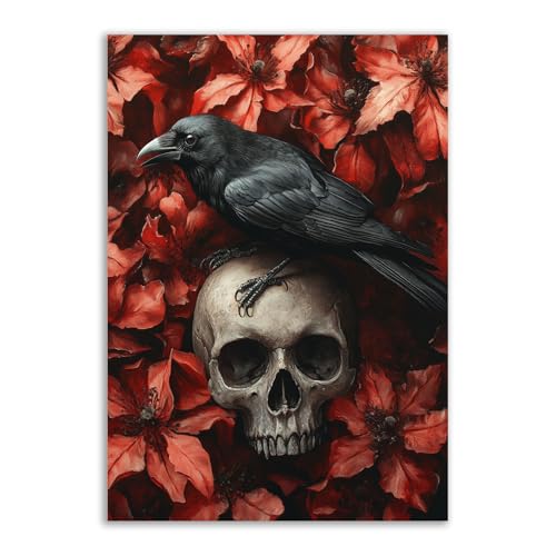 Poster Halloween corbeau crâne rouge toile décoration murale chambre adulte et bureau 70x100