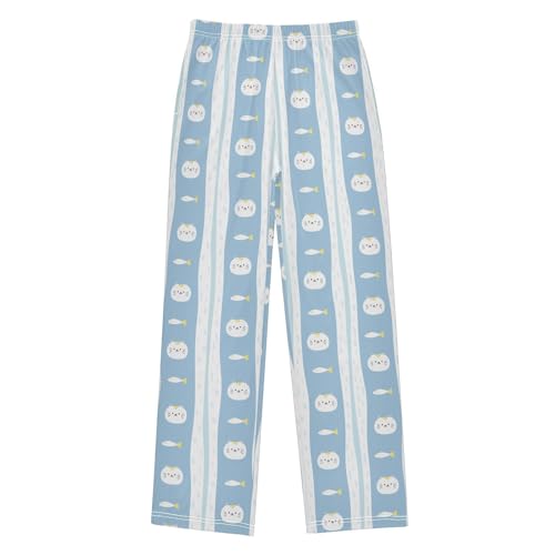 Boys' Pants Cute Cat and Fish Blue Stripe Long Bottoms Jogger Pants Elastic Waist Trousers with Pockets S-XL