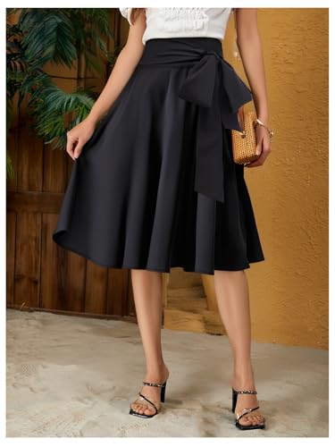 Women's Bow Tie Midi Skirt High Waisted Flared A Line Flowy Elegant Skirts4