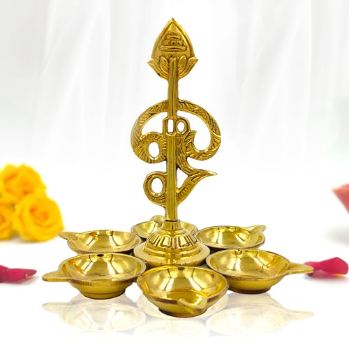 Image of Arumuga Om Vel Vilakku 14 Cm, Murugar Vel Mugam Brass Oil Lamp Diya Set with Vel for Pooja,Temple, Sashti Pooja, Vel Maaral Pooja and Gifting Arumuga Om Vel Vilakku