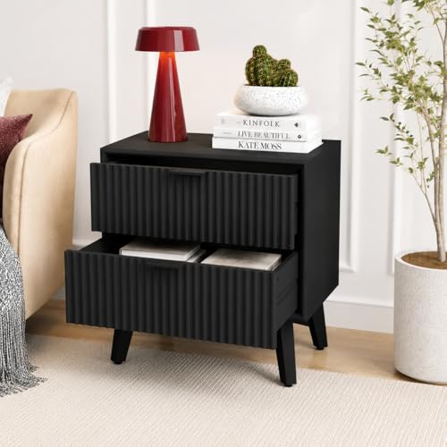 Image of Wooden Bedside Table for Luxury Bedroom | Wooden Bed Side Nightstand Lamp Table with 2 Drawers Storage | Premium Wood Side Table for Living Room, Home & Office | Fluted- Black Finsih