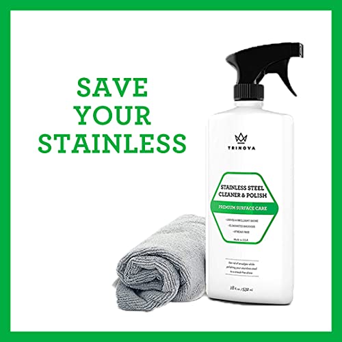 TriNova Premium Stainless Steel Cleaner and Polish - for Commercial Refrigerators with Microfiber Cleaning Cloth. Cleaning Spray for Appliances, Fridge, Microwave Oven, Kitchen. 18oz