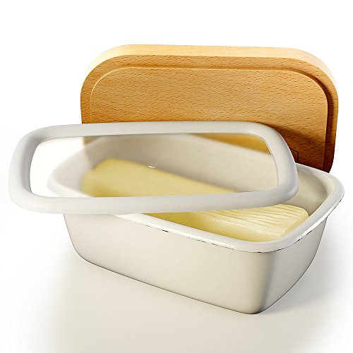 Butter Dish with Lid (White) | Covered Enamel Keeper with Beech Wood Top & Plastic Lid for Airtight Storage of Cheese | Tray Holds Half Pound of Stick Butter | Durable Food Storage Container (White)