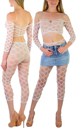Image of ToBeInStyle Women's Spandex Multi Net Fishnet Set Rave Novelty Party Crop Top & Tights