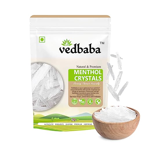 Vedbaba Menthol Crystals - 200 GM | Edible and Natural Plant-Based Refreshing Menthol | Flakes for Mouth Freshener, Candies and Home Made