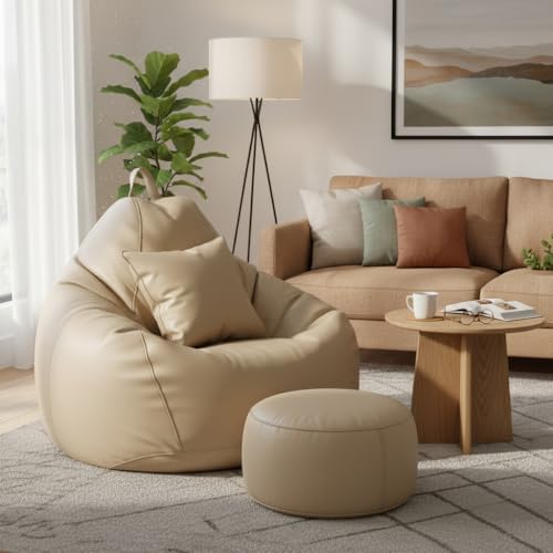 Image of KAM'S LIEU 6XL Premium Leatherette Bean Bag Combo with Footrest & Cushion | Pre-Filled with EPS Beans | Double Stitched | 6 Months Warranty | Cream