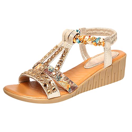 YANFJHV Sandalias de playa para mujer elegantes: sandalias de cuña sandalias de verano con brillantes brillantes sandalias planas con tacón de cuña sandalias bohemias de verano sandalias romanas con