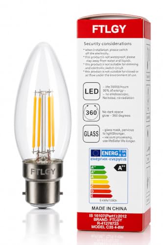 Image of Vintage 4 Watt LED Filament Candle Bulb,Clear Glass Edison Style,B22 Holder Base Warm White Light, Energy Saving Candle Bulb for Pendant & Wall Lamps (2)