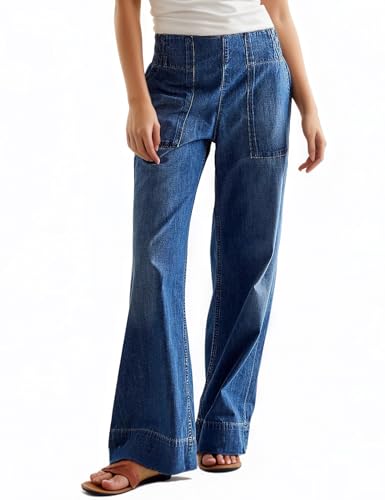 1901 SOCIETY Womens Mid Rise Wide Leg Jeans Casual Baggy Pull-On Jeans Trendy Long Denim Pants with Pockets