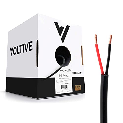 Voltive 16 2 Plenum Speaker Wire - 16 AWG Gauge 2 Conductor - UL Listed Plenum Rated (CL2P CL3P CMP) - Oxygen-Free Copper (OFC) - 1000 Foot Bulk Cable Pull Box - Black