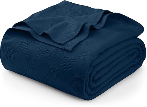 Utopia Bedding Navy 100% Cotton Blanket [Big Size - 120x120 Inch] 350GSM Lightweight, Soft and Breathable Thermal Blanket for All Seasons