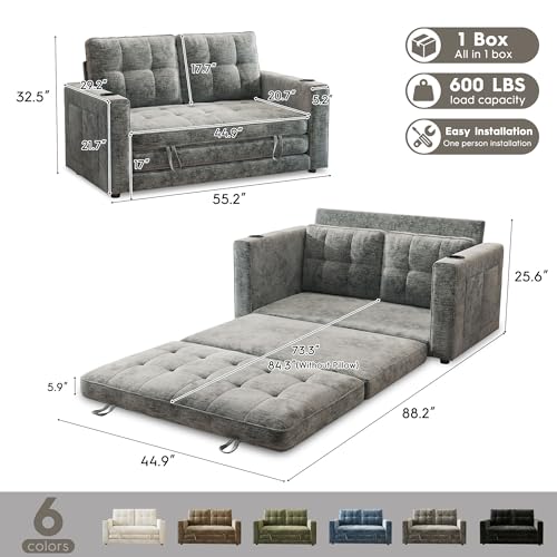 55" Convertible Folding Sofa Bed, Pull Out Couch Love Seat Sleeper…