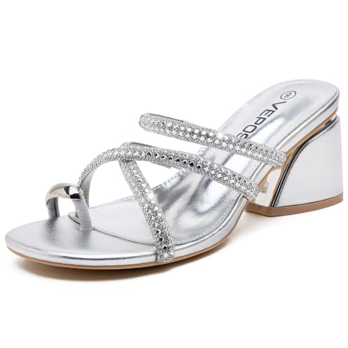 Vepose Women's Sparkly Strappy Block Heel Sandals, Open Toe Dressy Heels | Rhinestone square toe slip on heels, cushioned memory foam footbed, 3 inch lift, easy slide for casual plans and ev