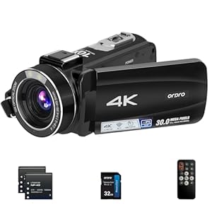 ORDRO Caméra Vidéo 4K Caméscope Ultra HD avec Zoom Optique 10X et Zoom Numérique 120X, WiFi Vlogging Auto Focus Caméras Numériques avec Carte SD 32GB