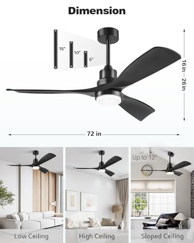 Image of 72 Inch Ceiling Fans with Lights Remote, Black Ceiling Fan Light, 3 Downrods, 3 Wood Blades, ETL Listed, Timer, 6 Speed Quiet Reversible DC Motor Outdoor Fans for Patios Bedroom, 72in,Black