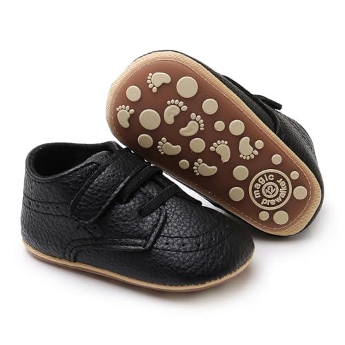 RVROVIC Baby Boys Girls Shoes 0-18 Months Infant Slip-on PU Crib Shoes Anti-Slip Toddler First Walkers(12-18 Months Toddler 4-Black)