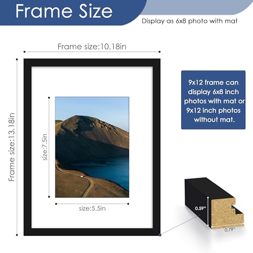 Image of PEALSN 9x12 Picture Frame Set of 6, Display Pictures 6x8 with Mat or 9x12 without Mat for Wall Mounting or Table Top Display, Photo Frames Collage for Wall Decor, Black