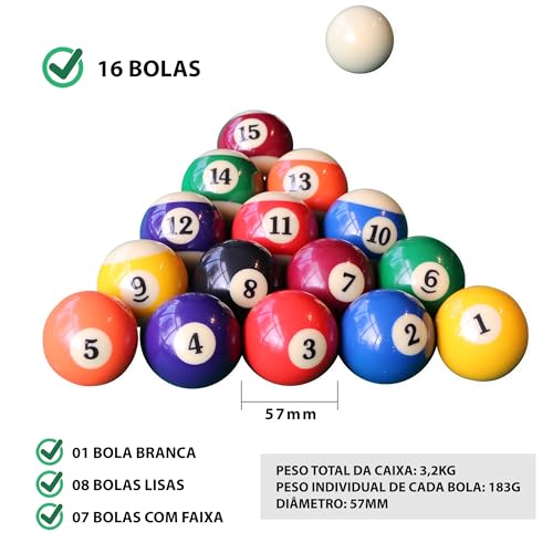 Jogo de Bolas Sinuca Bilhar Faixadas 57,2mm Numeradas Tipo Grande Padrão USA Americano Pool 7Ball®