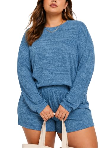 Istylish Plus Size 2 Piece Lounge Set for Women Long Sleeve Top and Shorts Pajama Set Soft Loungewear Outfits with Pockets(Blue XXL)