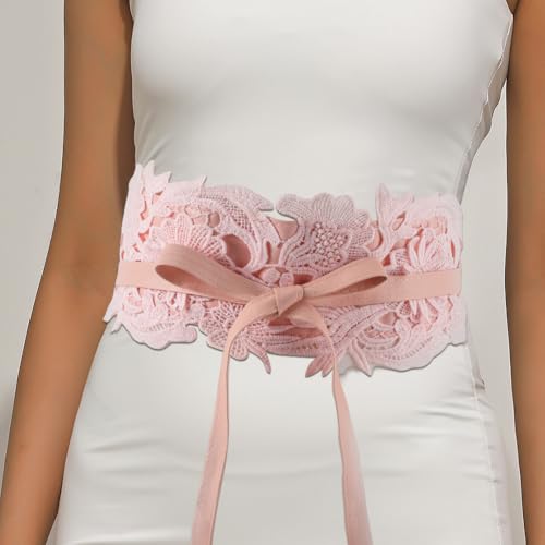 CABODYALS Pink Wide Lace Up Waist Belt Cinch Corset Vintage Boho Flower Bowknot Faux Leather Bow Tie Wrap Around Obi Trendy Waistband Belts for Women Dresses Clothes Shirts Costume Sweater Accessory - Thumbnail 4
