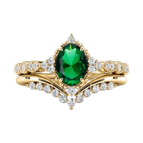 10K 14K 18K Solid Gold 2 Carat Oval Shape Gemstone Engagement Ring Sets Birthstone Gemstone Wedding Ring Set for Women 7X9 MM Birthday Anniversary Christmas Gift