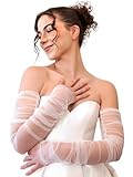 SAWINDA Long Tulle Gloves Ruched Fingerless Gloves Bride Sheer Stretchy Mesh Arm Sleeves Elbow Length Bridal Tulle Sleeves for Women Opera Wedding Party Prom, 20.5Inch