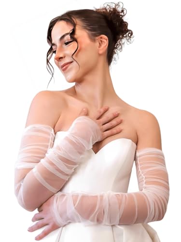 SAWINDA Long Tulle Gloves Ruched Fingerless Gloves Bride Sheer Stretchy Mesh Arm Sleeves Elbow Length Bridal Tulle Sleeves for Women Opera Wedding Party Prom, 20.5Inch