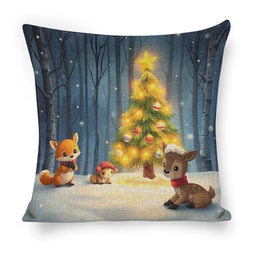 PALNKART PALNKARChristmas Animals with Wreath Windowsi, Floral Decorative Pillow Cover for Sofa, Bedroom, and Living Room, Holiday Season Home Decoration, Size 24x24 inches