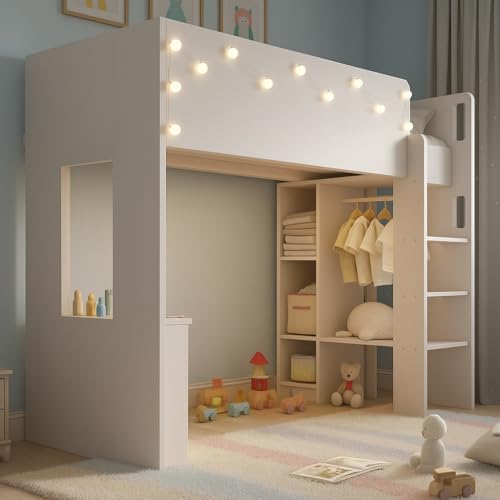 Merax Kinderbett Hochbett 90x200 cm, mit Kleiderschrank, Schreibtisch und Regalen, Etagenbett Einzelbett mit Leiter und Stauraum, für Kinder und Jugend, Ohne Matratze, Weiß/205×108×166cm Merax Kinderbett Hochbett 90x200 cm, mit Kleiderschrank, Schreibtisch und Regalen, Etagenbett Einzelbett mit Leiter und Stauraum, für Kinder und Jugend, Ohne Matratze, Weiß/205×108×166cm