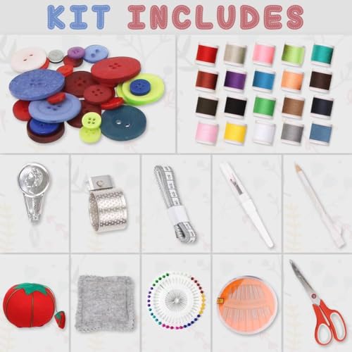 Basic Sewing Basket with Complete Sew Accessories Wooden Beginners Sewing Kits with Removable Tray Tomato Pincushion for Mending - Colorful Pastel