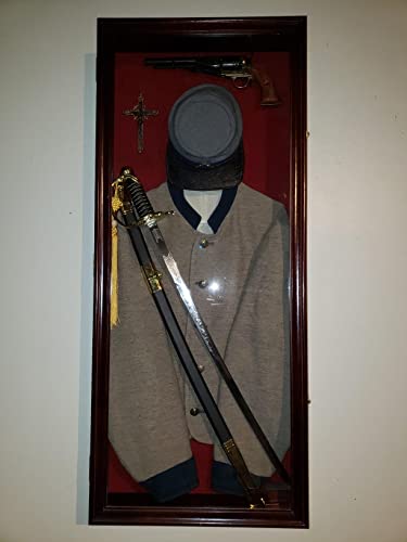 DisplayGifts Military Uniform Sword Gun Display Case Shadow Box Lockable Red Felt Background Mahogany Finish - Thumbnail 2