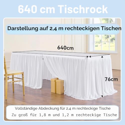 640cm White Polyester Table Skirts for Rectangle Tables, Wrinkle Free Ruffle Pleats Cloth Tutu Table Skirt 21ft for Banquet Wedding Birthday Baby Shower Trade Meeting Cake Dessert Tables(No Top Cover)